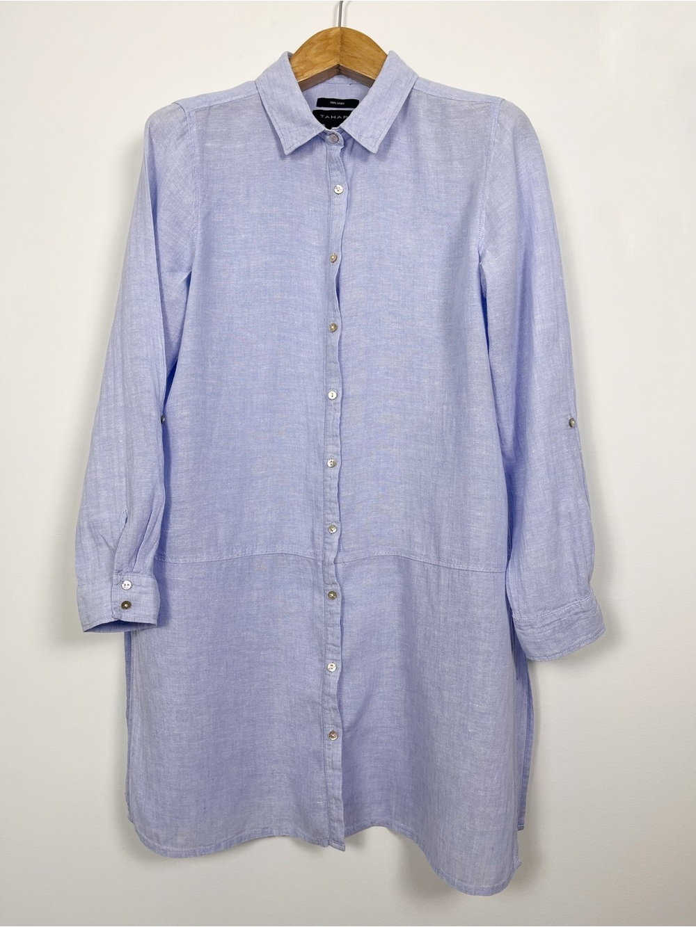 Tahari Women’s Light Blue 100% Linen Buttoned Long Sleeve Shirt Tunic Size Large